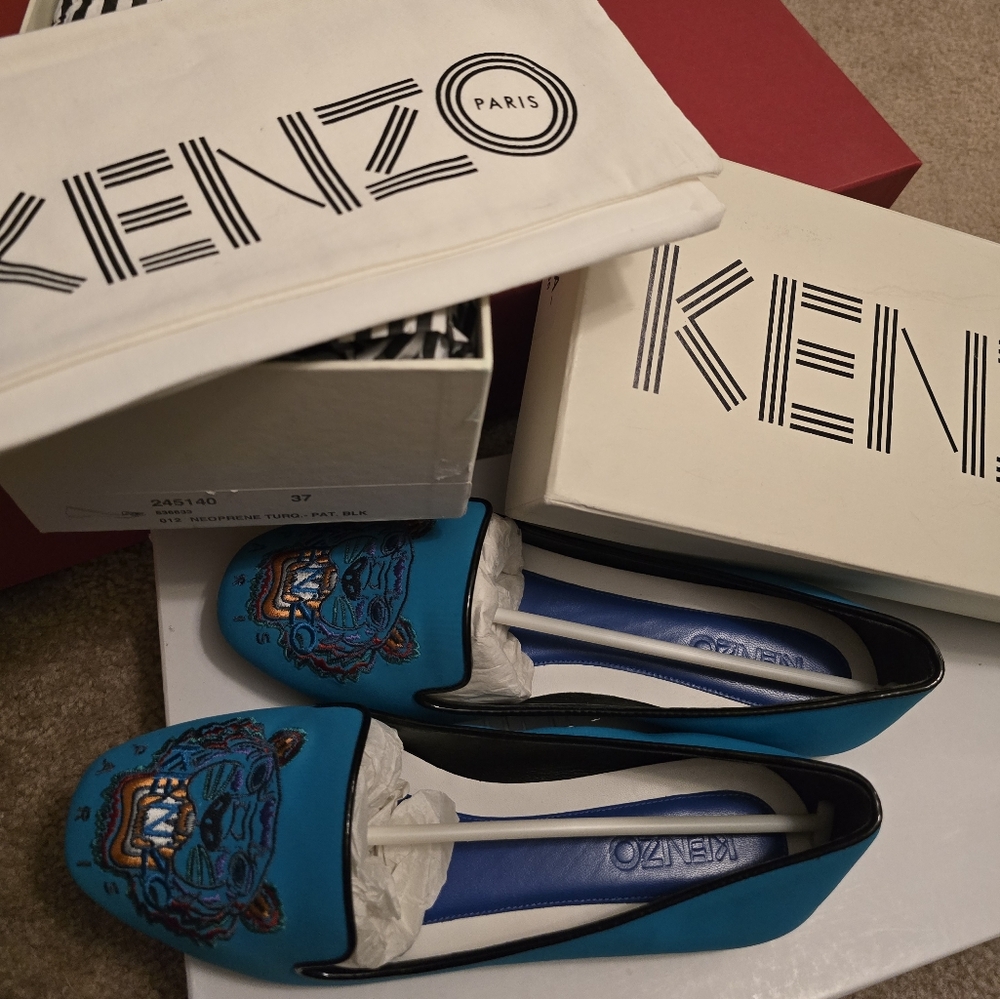 Authentic Kenzo Tiger Embroidered Leather Loafers – Turquoise Blue - Size 37 - Picture 2 of 3